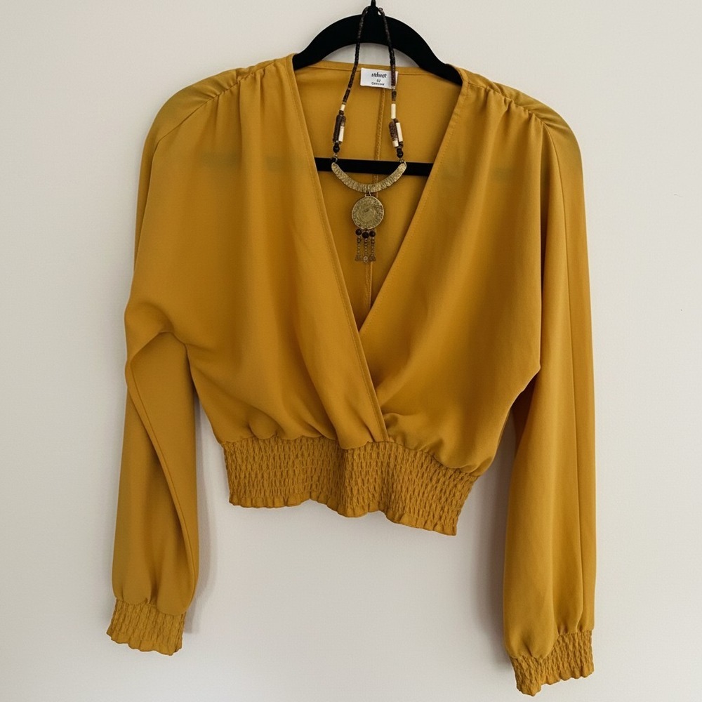 Wilfred Aritzia Mustard‎ Yellow Smocked Wrap Crop Top Long Sleeve Blouse XXS